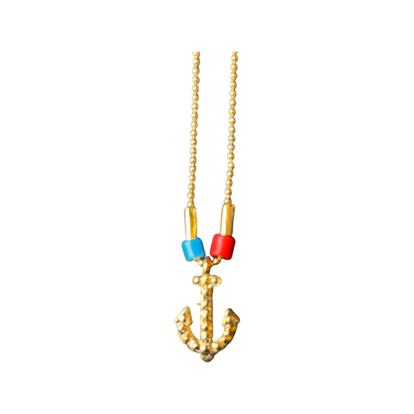 14K Gold Plated Studded Anchor Charm Ball Chain Necklace