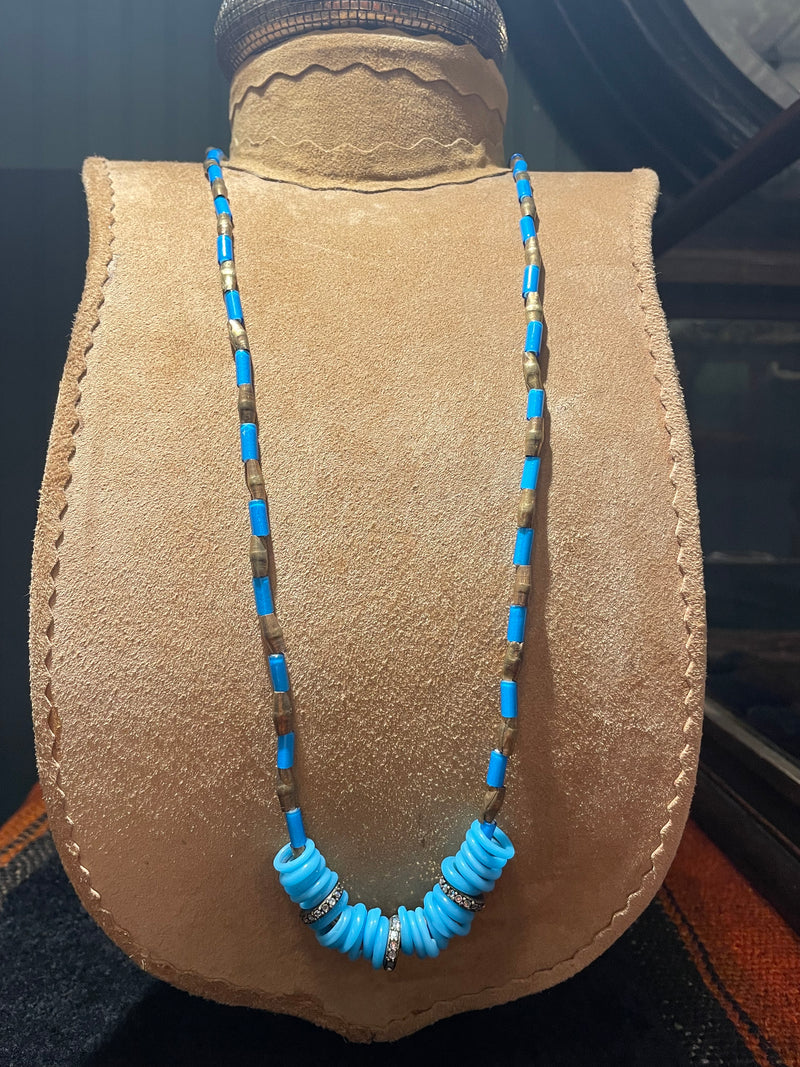 Vintage sky blue beads and brass necklace