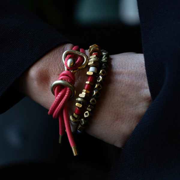 The Brass Beaded Stack with Coral Leather