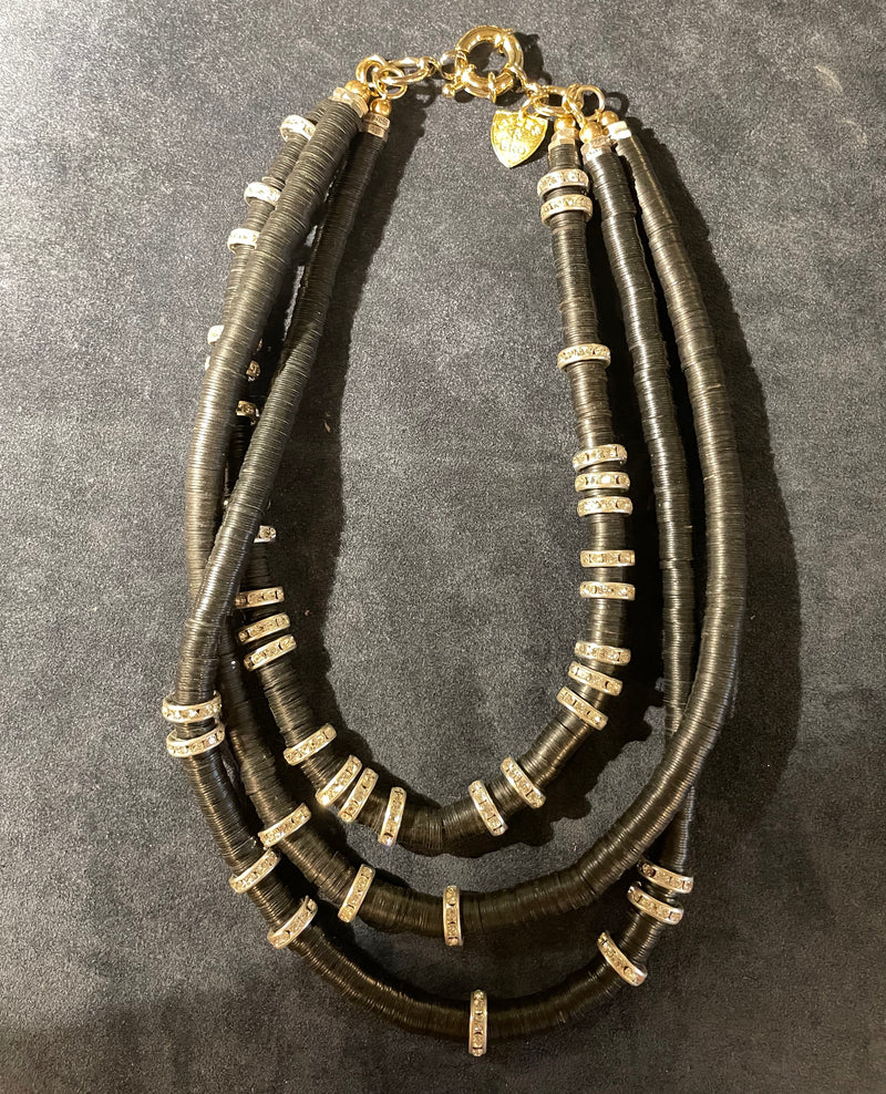 Rhinestones & Vinyl beads Triple chain Necklace