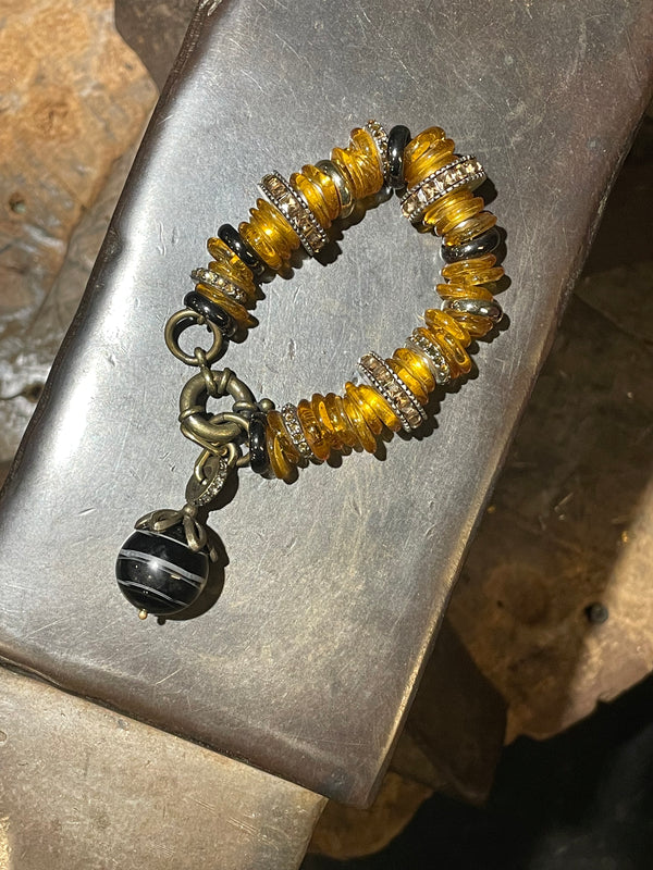 Black Malachite & Amber glass beads bracelet
