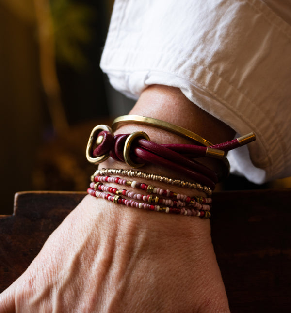 The Pink Beaded Wrap Stack with Wine Leather